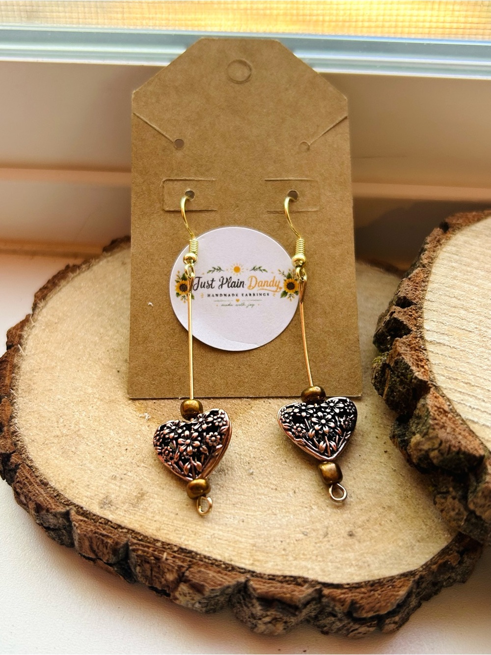 Bronze Floral Heart Dangle Earrings Cottagecore Boho Vintage - Picture 2 of 3